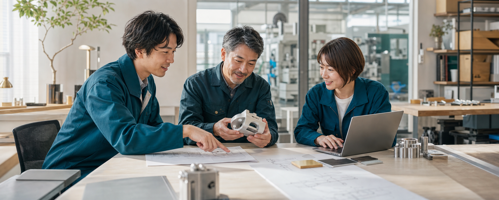 図面と試作品を囲み、ものづくりのアイデアを検討する技術チーム